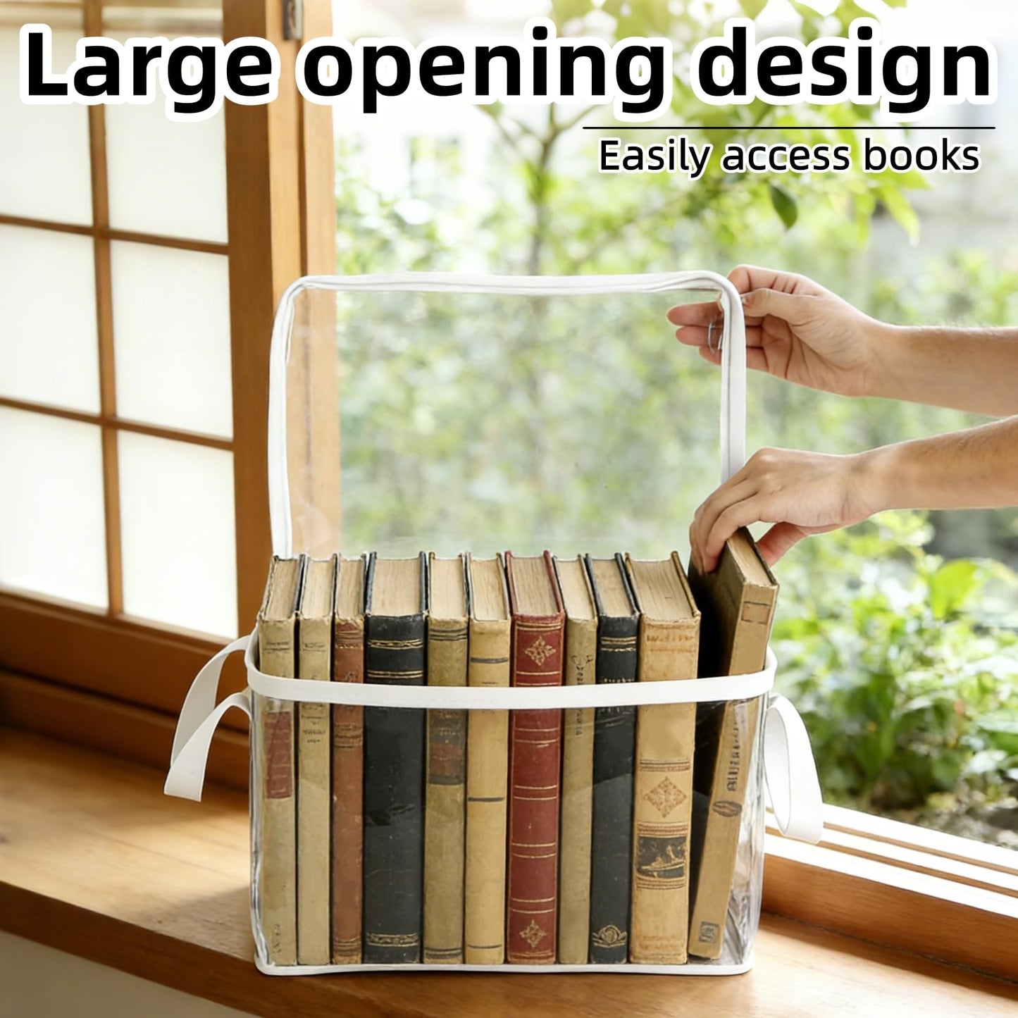 2-Pack Large Clear Book Storage Bags - Waterproof Plastic Comic Book Bin with Carrying Handles - Portable Book Display Case & Closet Organizer for Used Books, DVDs and Magazines - 15" x 9.5" x 12.5"