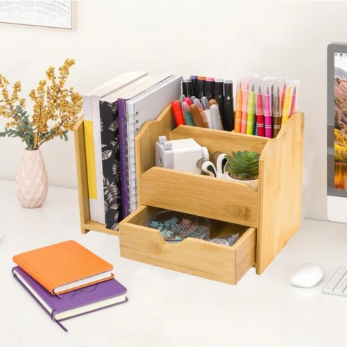 ZAVOOS Bamboo Desk Organizer, Multi Use Tabletop Storage Office Supplies with Drawer Pen Holder, 5 Compartments Heavy Duty Desk Accessories for Home Office Organization, No Assembly Required