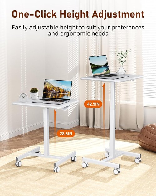 iPower Adjustable Height Standing Desk - Mobile Rolling Desk with Lockable Wheels | 28-43 Inch, White