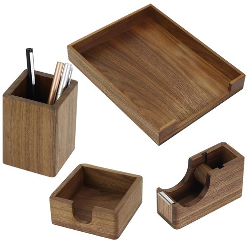 Buqoo North American Walnut Wooden Desk Organizers, 4PCS Desk Asccessories with Letter Tray, Pen Holder, Sticky Note Holder & Tape Dispenser for Office Supplies Storage Organization and Home Office