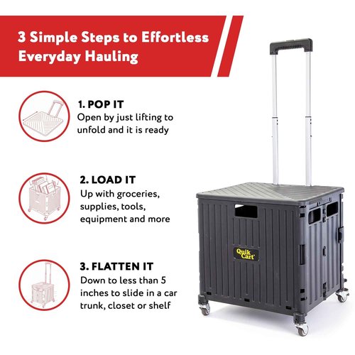 dbest products Quik Cart 360 Rolling Crate with Wheels - Collapsible Utility Cart for Teachers & Home - Heavy Duty Folding Cart with Seat - 80 lb Capacity - Black