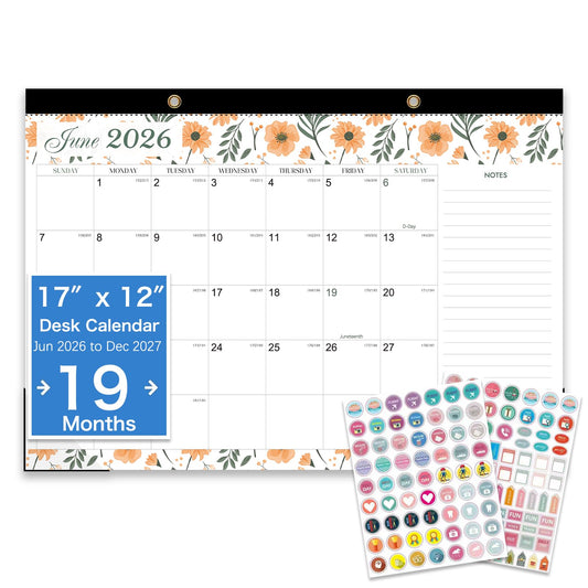 Desk Calendar 2026-2027 - 19 Month Desk Calendar july 2026-2027 Dec, 17" x 12", Large Monthly Desktop Calendar with Plastic Cover, Thick Paper, Corner Protectors - Floral (2 Stickers Included)
