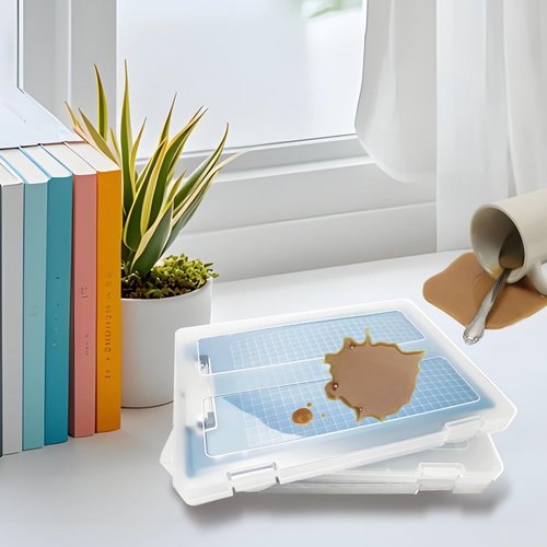 Seuqhck 4 Pack Organizer Box for A4 Paper, Plastic Scrapbook Paper Organizer Stackable Document Holder with Secure Locking Clasps for Photos, Craft and Arts, Home, Office, Studio, 12.5 x 9.5 x 1 Inch