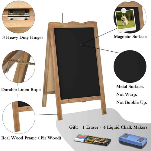 SANY DAYO HOME 37 x 20 inch Double Sided Standing Magnetic Chalk Board Sign, Wave Shaped Real Wood Frame Metal Sandwich Board with 4 Chalk Markers for Wedding, Business, Home, Brown