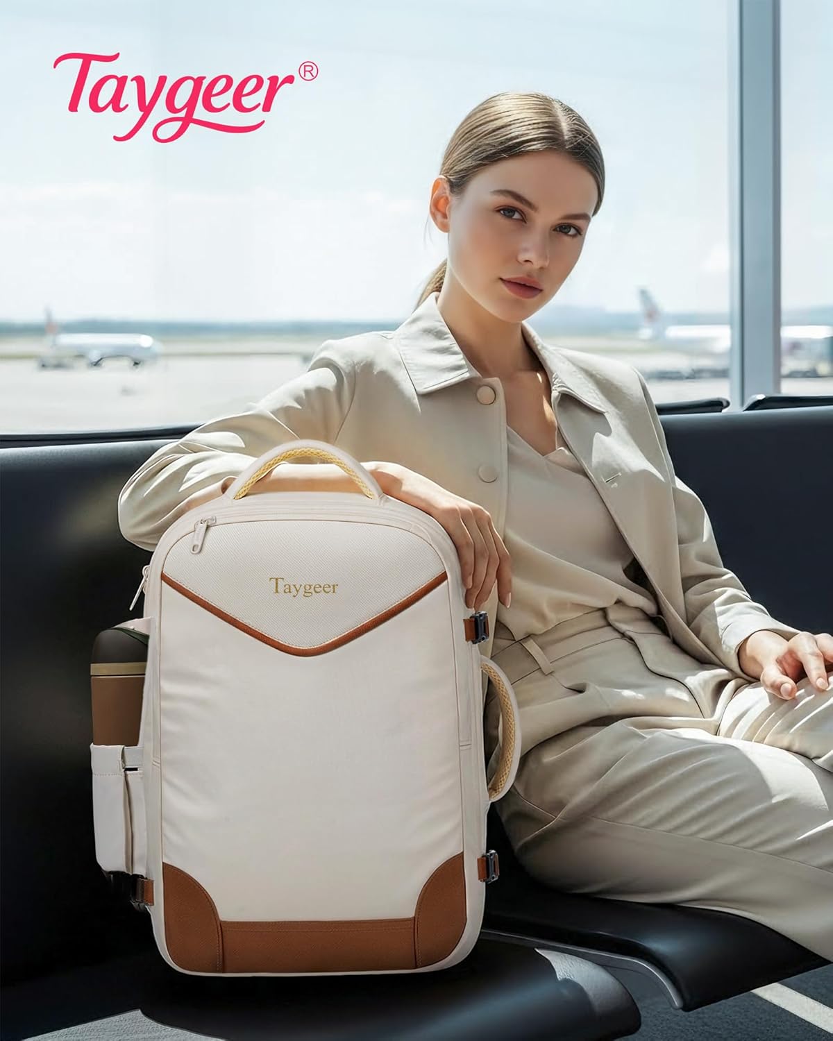 Taygeer 35L Travel Backpack - TSA Approved Carry-On with Lock | Expandable for 15.6" Laptop - Beige & Brown