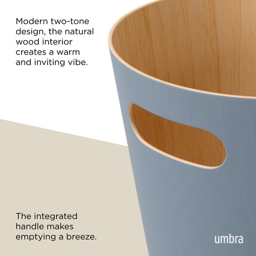 Umbra Woodrow 2-Gallon Modern Wooden Trash Can Wastebasket, Attractive Bin for Garbage or Recycling, Suitable for Home or Office, Slate Blue