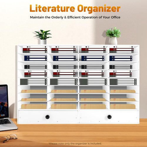 PERFERATE 32 Slots Literature Organizer Office Mailbox with Adjustable Shelves and 2 Drawers PVC Literature Storage Desktop File Sorter Cabinet Office Mailbox Classroom Keeper (White)