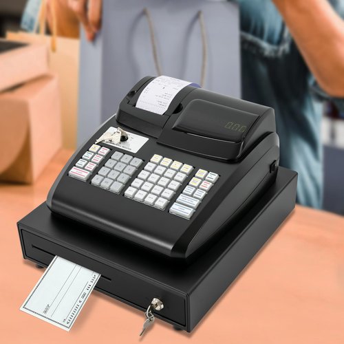 47-Key Electronic Cash Register with LED Display and Lockable Cash Drawer, Quick-Load Thermal Printer, Coin Compartment, Commercial Cash Management System for Retail Store, Supermarket, Restaurant