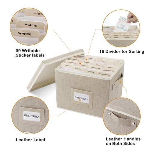 Greeting Card Organizer Box with 16 Dividers,Collapsible Greeting Card Storage Box with Handles Hold 150+ Cards,Greeting Card Holder for Greeting Cards,Sticker, Recipes, Photo, Envelope (Beige, 1 pcs)