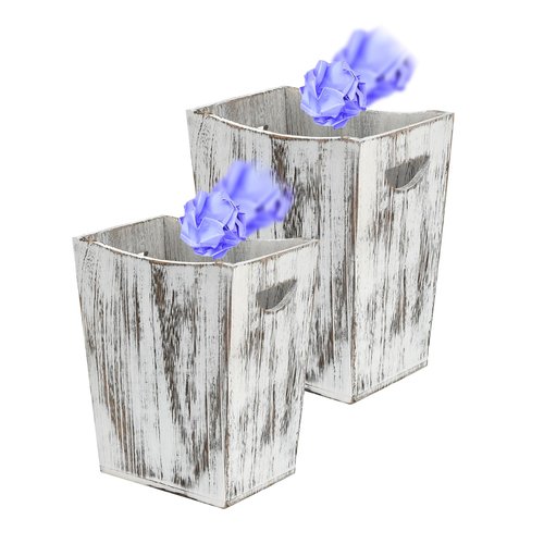 BYZCYSG 2 Pack Trash Can Wood Waste Basket Wooden Garbage Bins Decorative Farmhouse Trash Can for Bathroom Bedroom Office Desk Living Room (Rustic White)