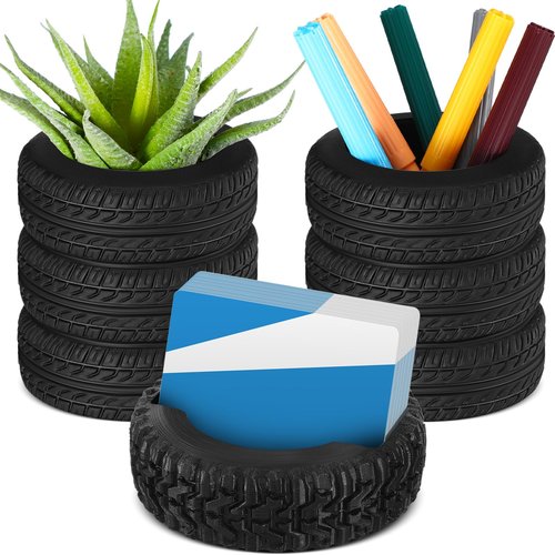 Humyoun 3 Pcs Tire Shaped Planter Pen Holder and Tire Business Card Holder Set Pencil Succulent Cactus Planter Pot for Desk Home Office Accessories Organizer