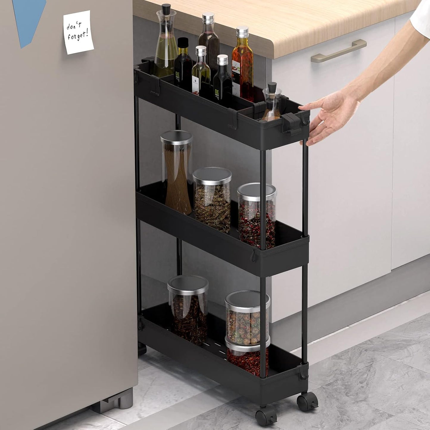 SPACELEAD Slim Storage Cart - 3-Tier Rolling Bathroom Organizer | Mobile Shelving Unit for Office, Kitchen & Laundry - Black