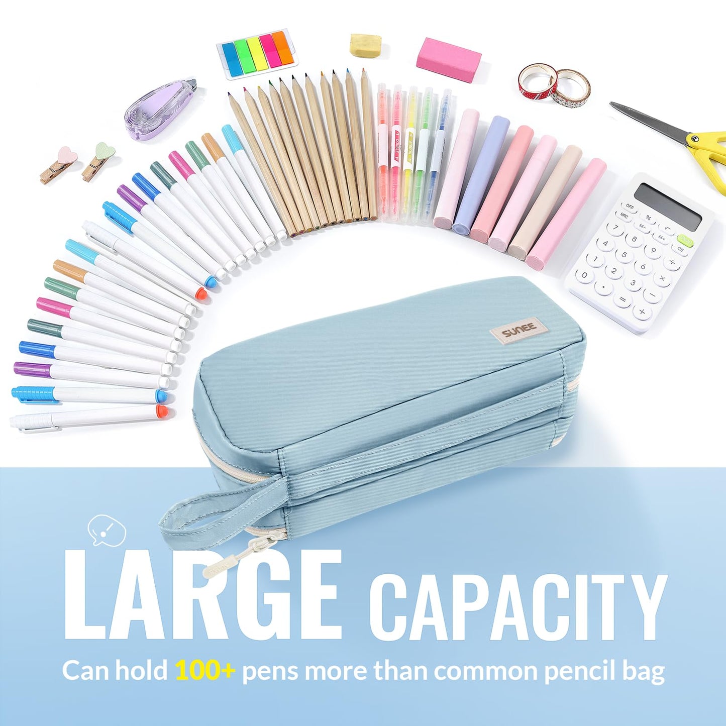 SUNEE Pencil Case, Large Capacity Pencil Pouch, Aesthetic Pen Bag Office Stationery Organizer Simple Sturdy Multifunctional for Teen Girls Women Men, Black