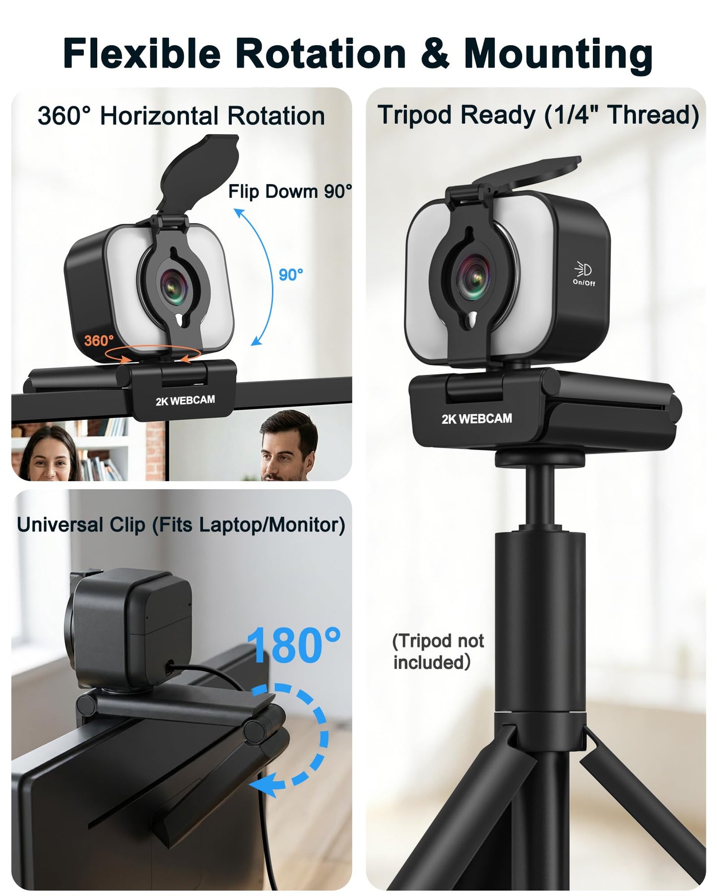 Atatat 2K Webcam for PC with Microphone & Light & Privacy Cover, Web Camera for Desktop/Laptop/Monitor/Mac, Autofocus USB Computer Camera for Zoom/Skype/Teams/Video Calling/Meeting/Streaming