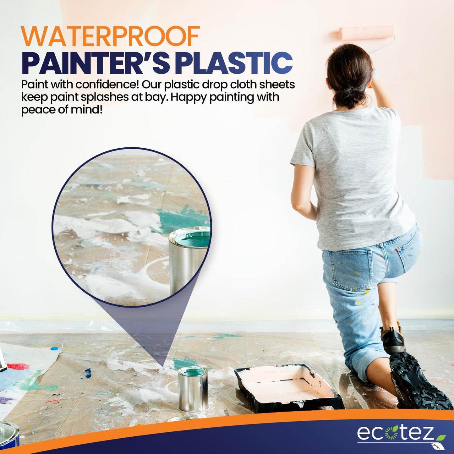 Ecotez 6 Pack 12 x 9 ft Extra Large Plastic Drop Cloth for Painting - Light & Durable Tarp Cover for Furniture - Plastic Clear Tarp Waterproof - Paint Floor Covering - Painters Drop Cloth Sheeting