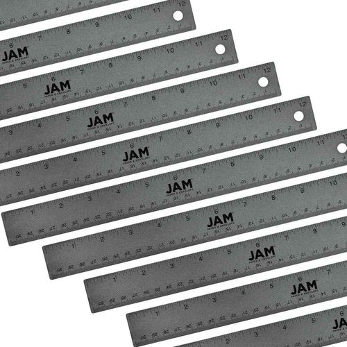 JAM PAPER Strong Aluminum Bulk Rulers - 12 Inch - Metal Ruler with Non-Skid Cork Backing - Grey Metallic - 12/Pack