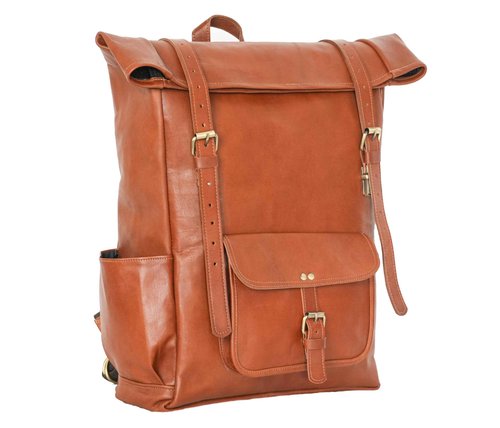 jaald 23" Brown Leather Backpack Vintage Rucksack Laptop Bag Large Travel Roll Top College Bookbag Comfortable Lightweight Travel Hiking/picnic For Men