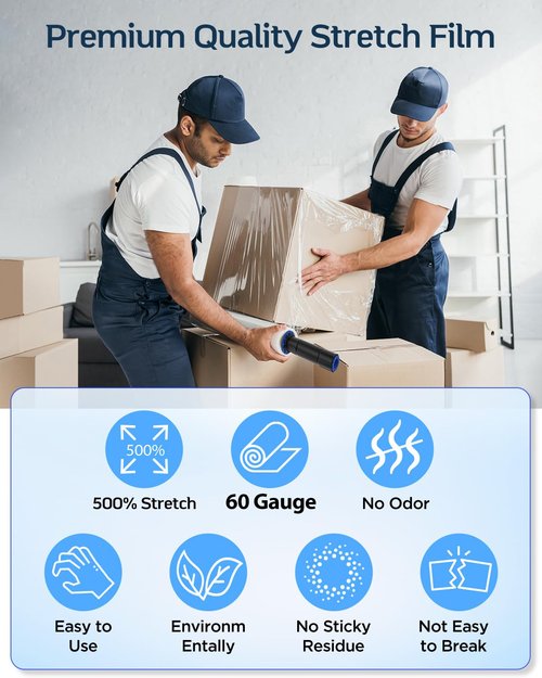FugaCity Stretch Wrap Film-5 in 1000 FT 80 Gauge Shrink Wrap for Furniture Wrapping Shipping, Moving Supplies Clear Plastic Wrap, Heavy Duty Industrial Strength,650% Stretch(6 Roll with Handles)