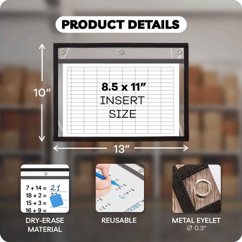 Job Ticket Holders 9x12 - (30 Pack), 8.5 x 11 Letter Size, Dry Erase Pockets, Clear & Black Plastic Sleeves - Reusable, Water-Resistant