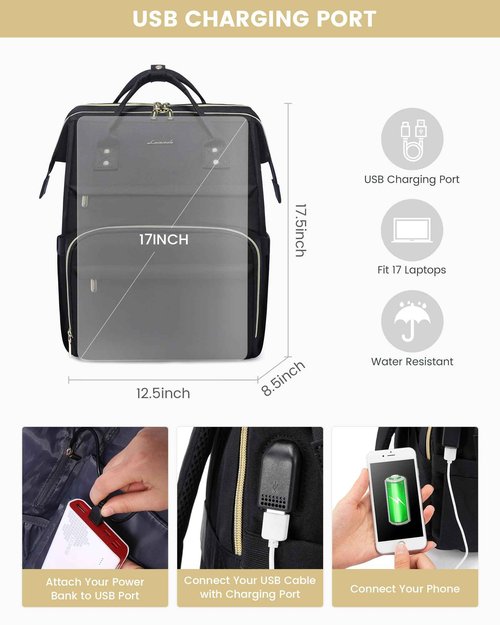 LOVEVOOK 17.3 Inch Laptop Backpack, Large Travel Backpack for Women, Water Resistant Teacher Backpack with Laptop Compartment, Professional Business Work bags with Charger, Black