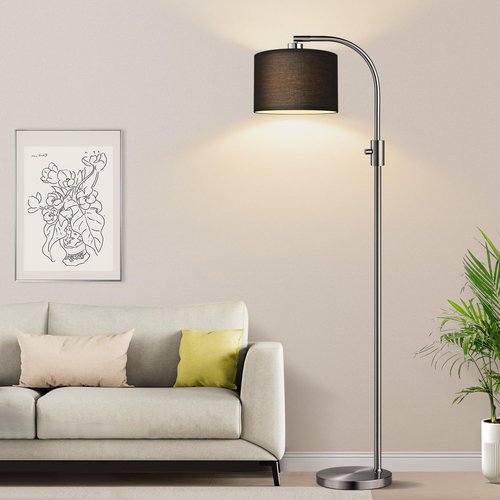 【Upgraded】 Dimmable Floor Lamp, 1200 Lumens LED Bulb Included, Brushed Nickel Arc Floor Lamps for Living Room Modern Standing Lamp with Black Shade, Tall Lamp for Living Room Bedroom Office Office