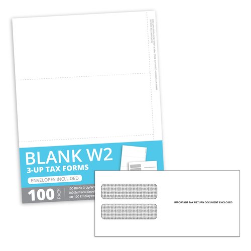Blue Summit Blank W2 3 Up Tax Forms 2025, W2 Perforated Paper 100 Employee Sets, Ideal for E-Filing, Compatible with Quickbooks and Laser or Inkjet Printers, 100 Sheets and Self Seal Envelopes
