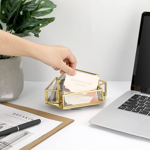 Hipiwe 360° Rotating Business Card Stand Holder Gold Glass Name Card Display Stand Vintage Mirrored Office Desktop Business Card Organizer, 4-Slots
