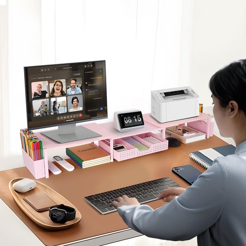 OPNICE Desk Dual Monitor Stand Riser - Wood Desk Organizer with Drawer and Pen Holders, Office Desk Accessories & Workspace Organization, Computer Monitor Stand for Laptop Printer, Girl Pink