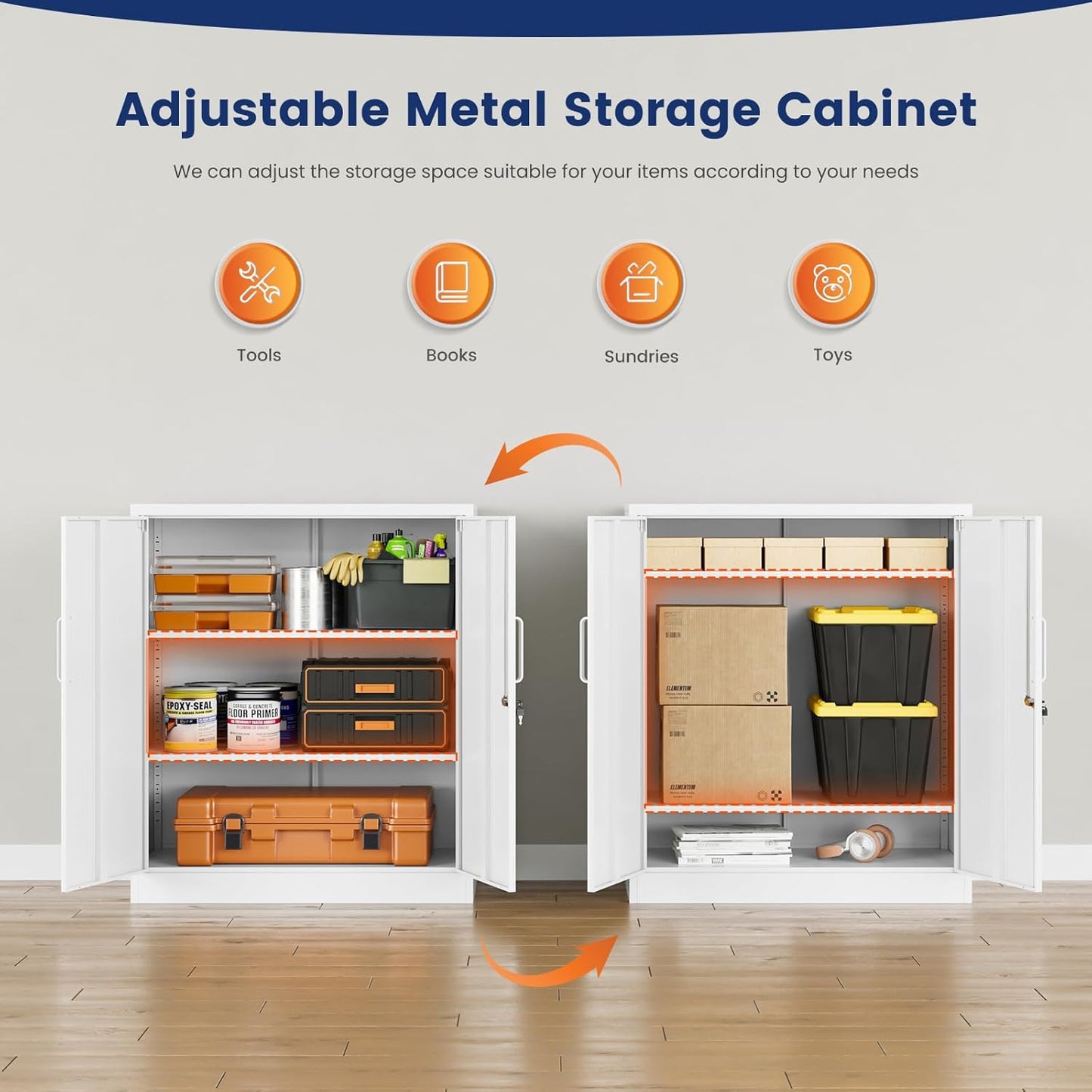 Yizosh Metal Garage Storage Cabinet - Lockable 35.5" Steel File Cabinet with 2 Adjustable Shelves | White