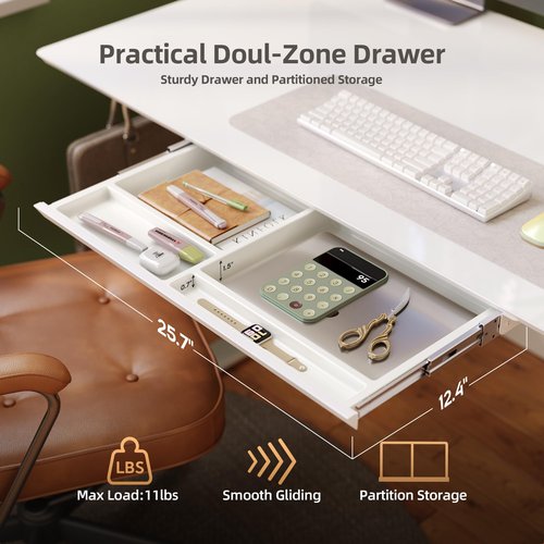 INNOVAR Glass Standing Desk with Drawers, 48×24 Inch Adjustable Stand Up Desk Quick Install Home Office Computer Desk, White