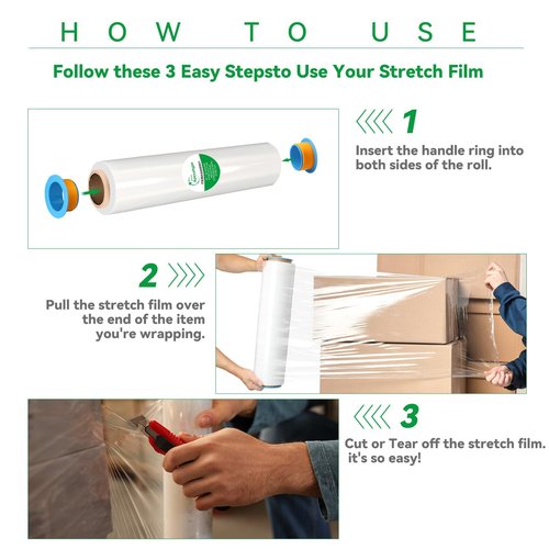 18" x 1500' Plastic Shrink Wrap Roll - 80 Gauge, 500% Stretch Industrial Strength Moving Wrap, Heavy Duty Pallet & Furniture Protection - 4 Roll Bundle Stretch Wrap with Handles