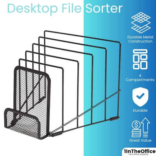 1InTheOffice Metal Incline Desktop File Sorter, Black Wire Mesh Step Sorter, 6 Compartments