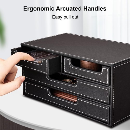 KINGFOM PU Leather Desk Organizer with 4 Drawers Small, Desktop Organizer Drawer for Office Supplies Accessories, Stationery Storage Box Bills Collection Holder Black