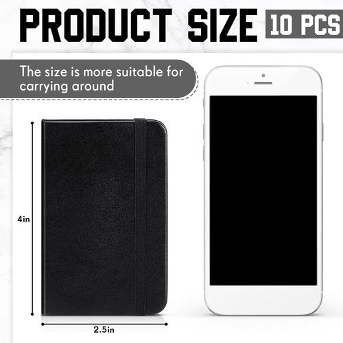 Qeeenar Mini Black Leather Pocket Notebooks - 10 Pcs, 4 x 2.5 Inch, 50 Sheets Lined for Writing