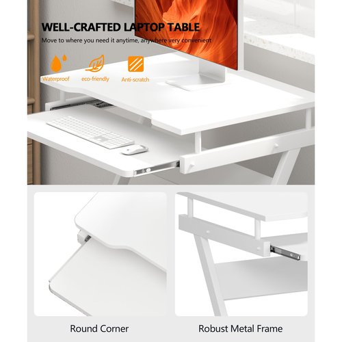 SogesGame Mobile Compact Computer Desk Cart for Small Spaces, Work Workstation, Standing Laptop Cart with Keyboard Tray and Printer Shelf for Home, Office, White