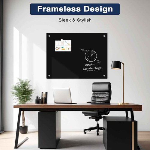 Black Dry Erase Board, 24" x 18" Magnetic Glass Whiteboard for Wall, Black Glass White Board with 1 Marker Tray and 3 Magnets for Office, Home, Classroom