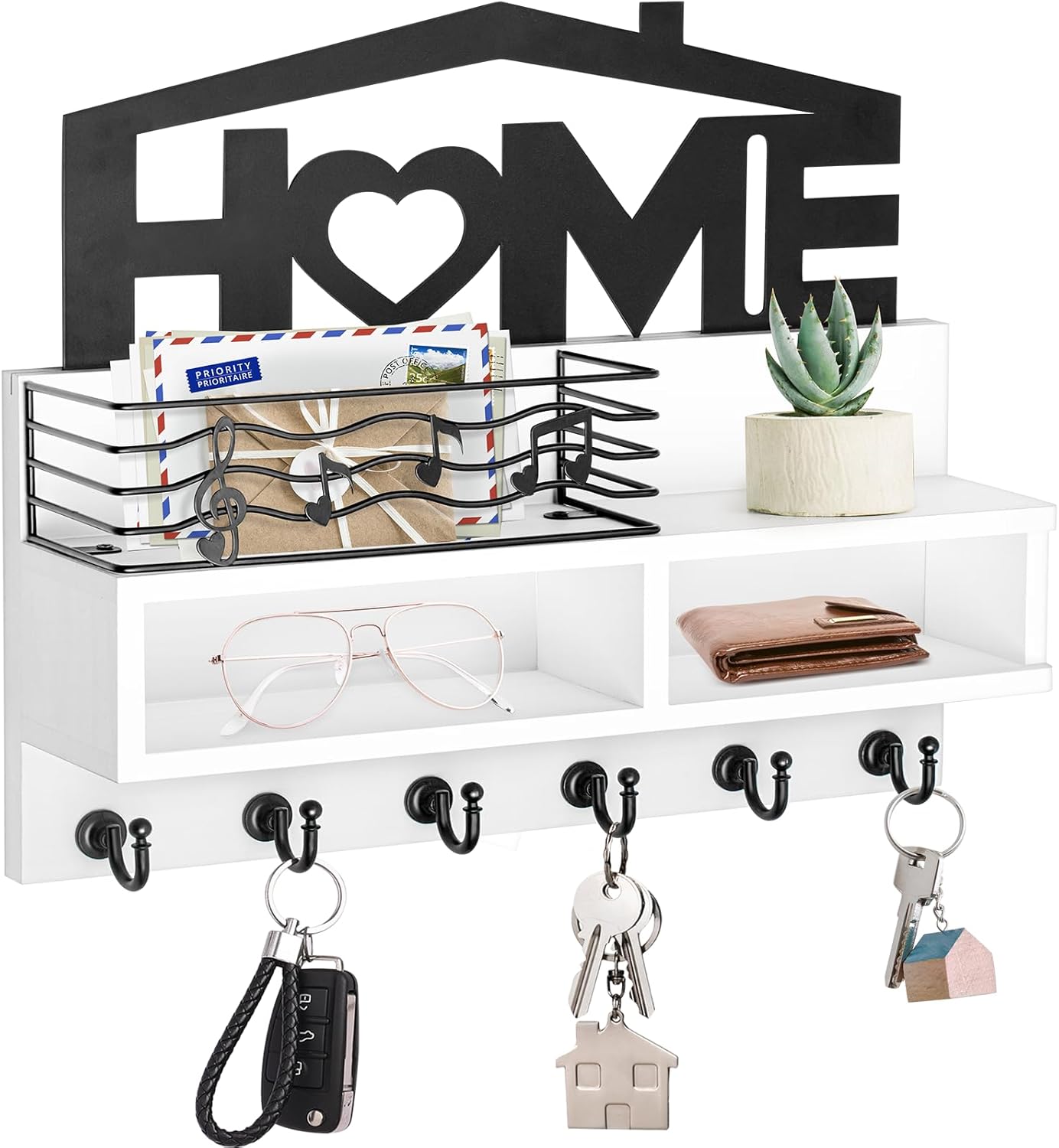 VIS'V Key Holder Wall Mount - Decorative Wooden Mail & Key Organizer with Storage Basket & Shelf | White, 2 Compartments, 6 Hooks