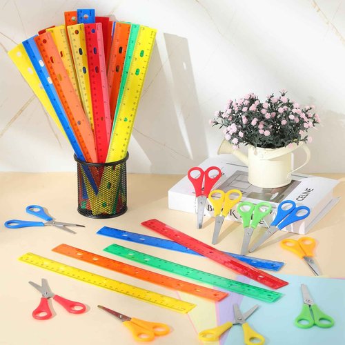 MotiMind 180 Pcs School Supplies Bulk with Safety Blunt Tip Student Scissors 12 Inch Plastic Rulers Back to School Kit for Student Classroom Office