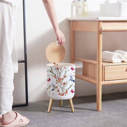 Small Trash Can with Lid Seamless floral with hand drawn hummingbirds tropical japanese flowers Round Recycle Bin Press Top Dog Proof Wastebasket for Kitchen Bathroom Bedroom Office 7L/1.8 Gallon