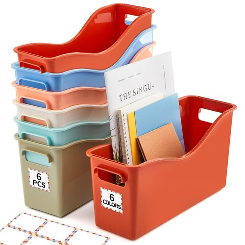 6 Pack Plastic Book Bins for Classroom with Labels 11.8×3.5×7.1 in Boho Magazine File Binder Holder Organizer Basket Storage Box for Library Home Office Teacher Supplies School Classroom