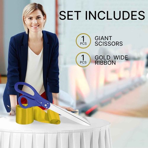 Oversize Ribbon Cutting Ceremony Kit - Large Blue Scissors 25 Inch Gold Satin Ribbon for Grand Opening and Box for Business Opening Special Events Inaugurations