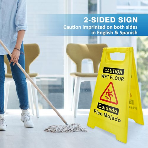 4-Pack Caution Wet Floor Sign - Bright Yellow Double-Sided A-Frame | 17.5" Height, Bilingual Message
