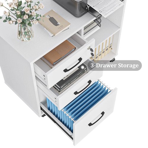 3 Drawer File Cabinets, Mobile Lateral Printer Stand with Open Shelf, Rolling Filing Cabinet with Wheels Home Office Organization and Storage (White)
