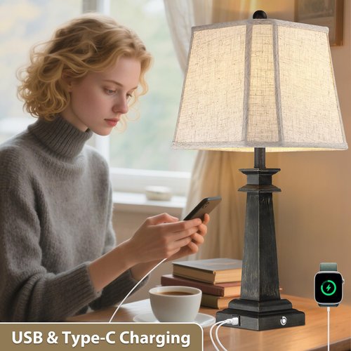 Hapcrea 27.5" Table Lamp for Bedroom, 3-Way Dimmable Touch Lamp for Nightstand, Farmhouse Table Lamp for Living Room with USB A+C Charging Ports, Bulb Included (Black)
