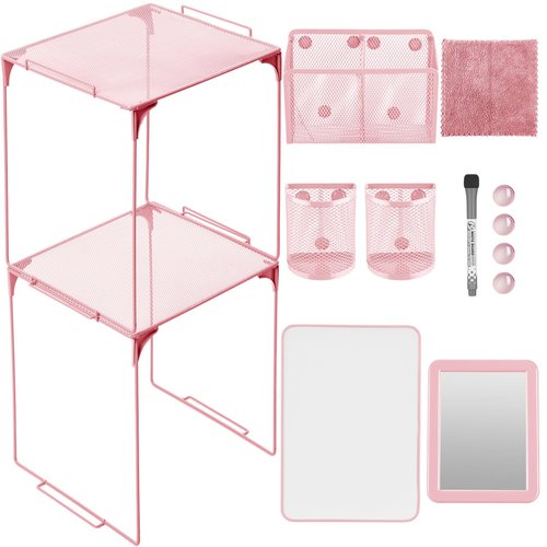 Ctosree 13 Pcs Locker Organizer and Accessories Kit Stackable Mesh Locker Shelf, Pen Holder, Magnetic Mirror, Whiteboard, Cloth, Marker, Magnet for Classroom Back to School Essentials(Pink)