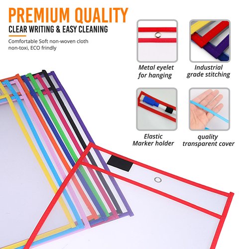 BONBELA Dry Erase Pockets 50 Pack - 10 x 13 Reusable Dry Erase Pocket Sleeves for Work & School Worksheets - Heavy Duty Clear Pocket Sleeves - Quickly Wipe to a Flawless Clean (Multicolor)