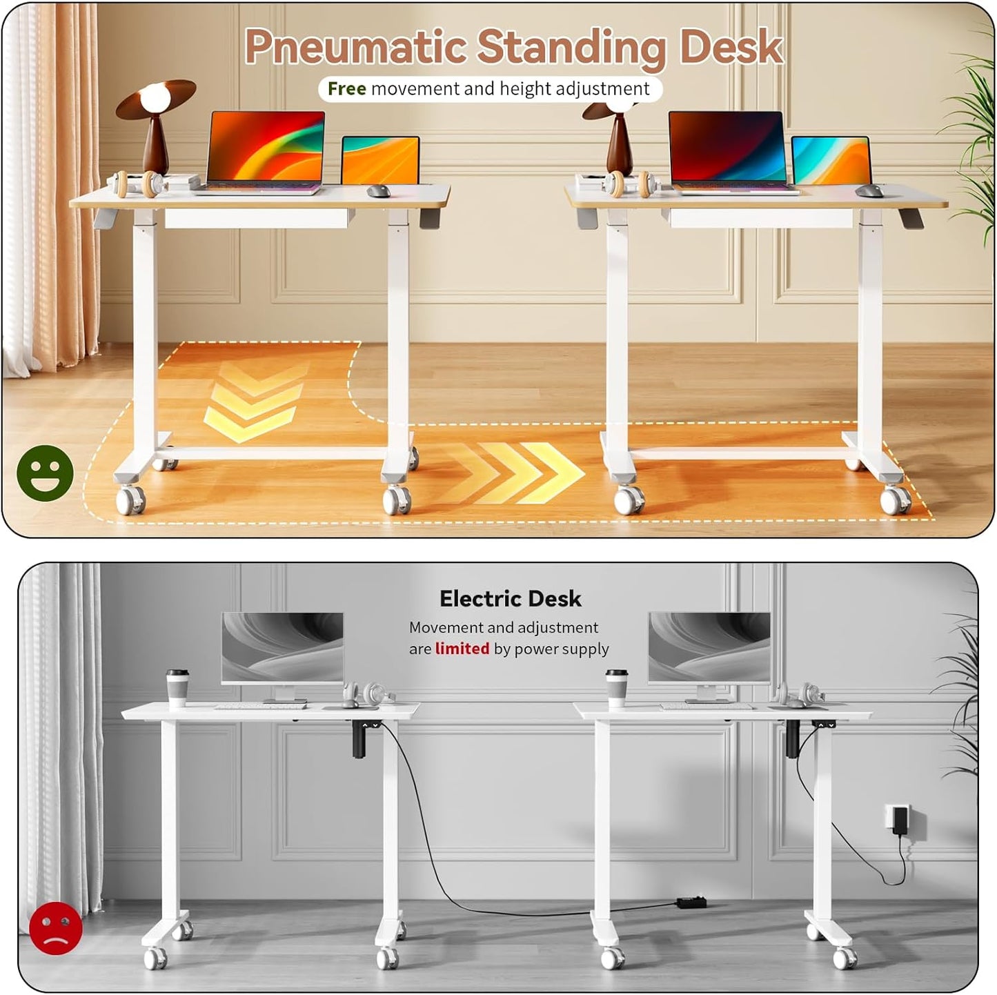 Skiennix Mobile Standing Desk - 35-Inch Height Adjustable Sit-Stand Workstation | White Portable Laptop Cart with Drawer
