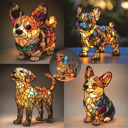 XWNGDAFEVF Small Dog Lamp, Retro Stained Resin Tabletop Night Light, 3D Cute Puppy Table Lamps, Gift for Lovers Home Decor, Chihuahua