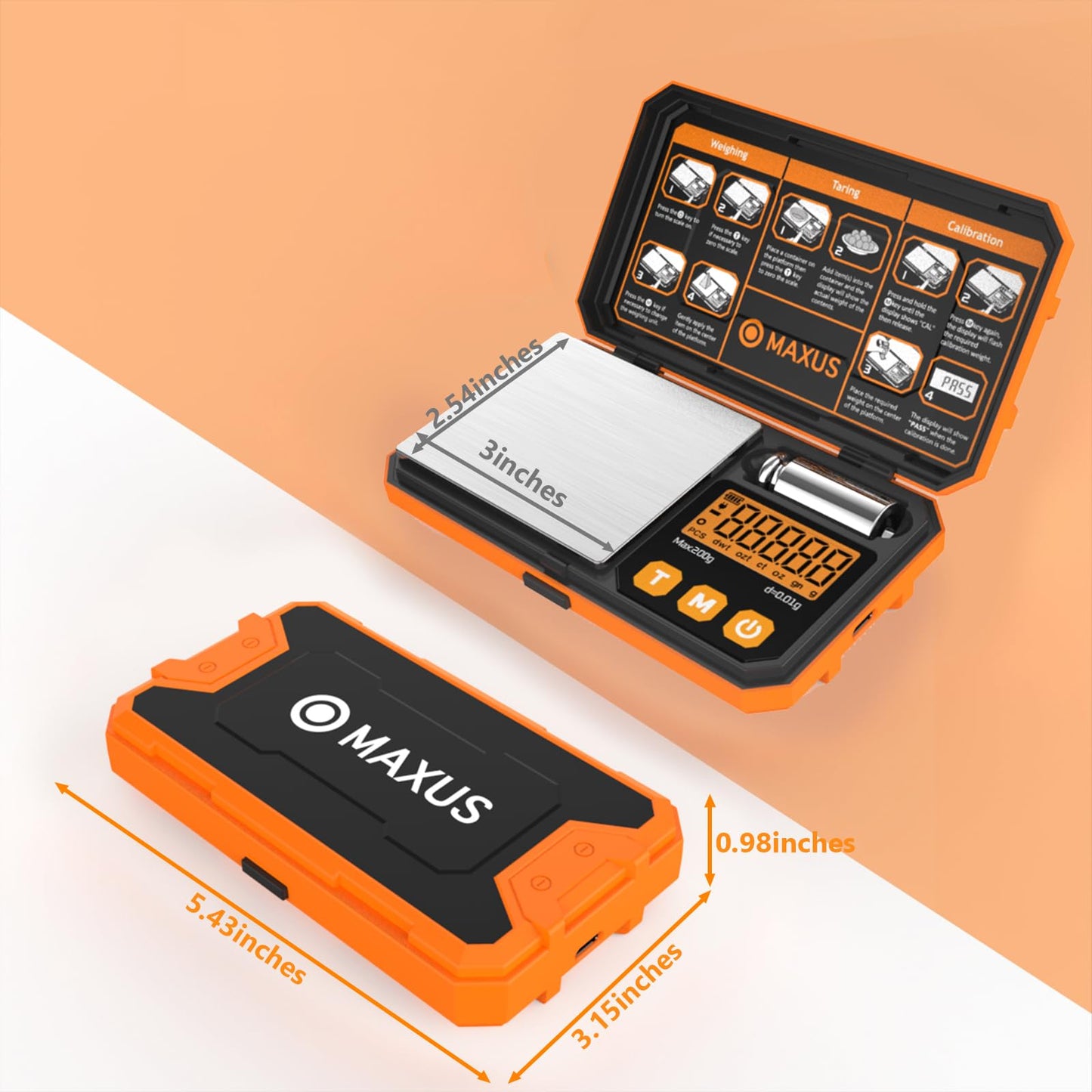 MAXUS Pocket Scale, 200g x 0.01g, with 50g Calibration Weight and USB Cable