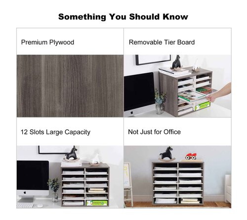TQVAI Literature Organizer, Heavy Duty 12 Compartments Countertop Mail Organizer with Adjustable Shelves, Wooden Desk Paper Storage Organizer, Mailboxes Cubbies for Office, Classroom, Retro Grey/White
